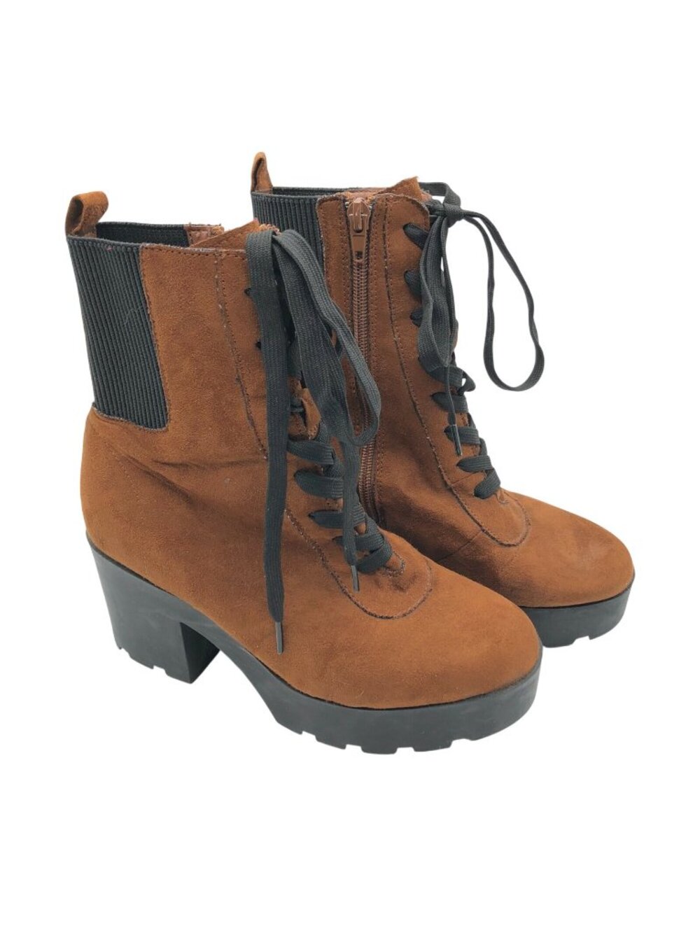 Rouge Womens Ankle Boots Chunky Block Heel Platform Faux Suede Laces Brown 6